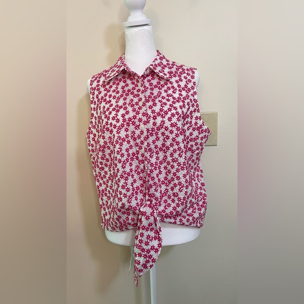 Talbots Women’s Pink Starts Embroidery Sleeveless Button & Tie Front Top Sz 14 - Picture 6 of 17